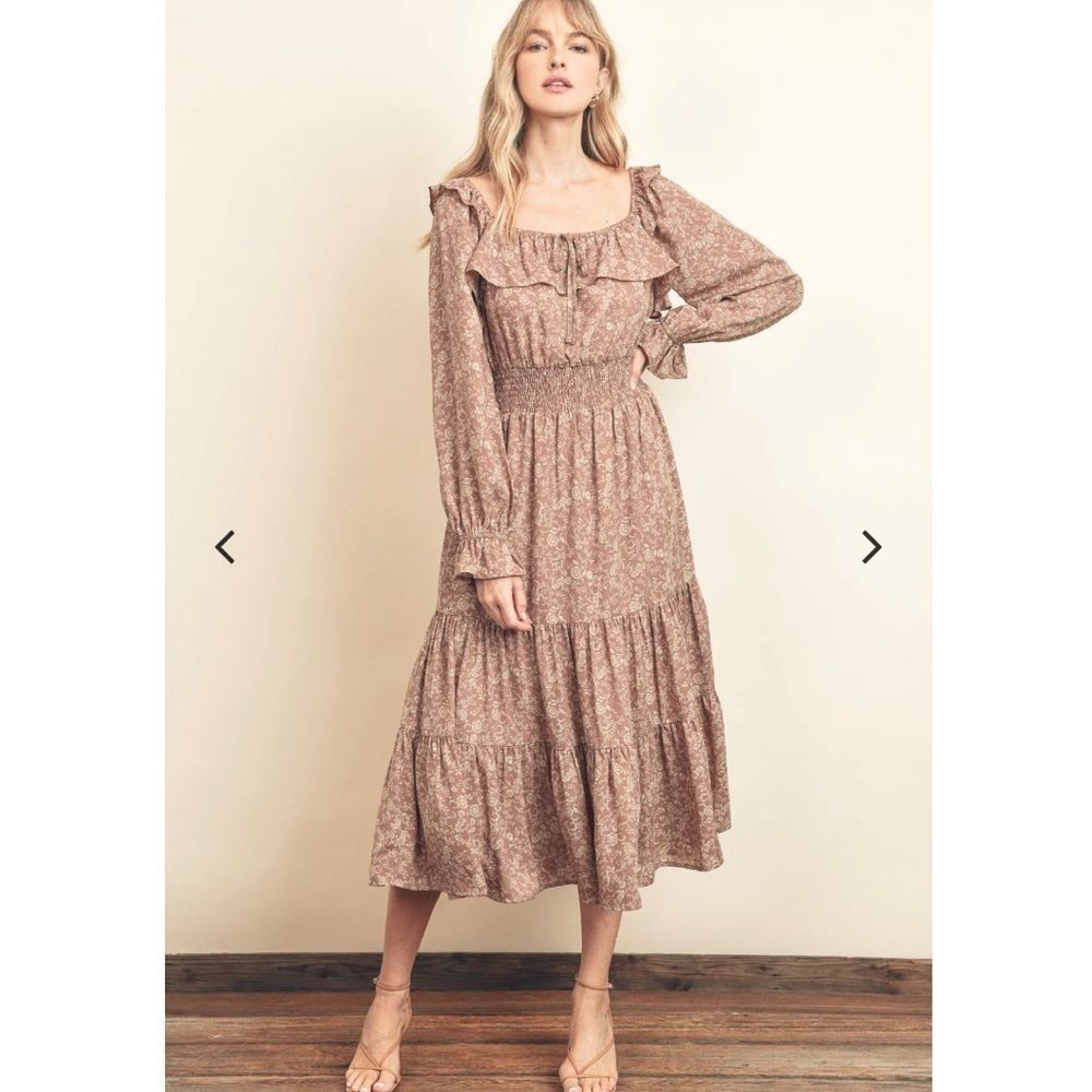 VICI bohemian Ditsy floral tiered maxi smocked waist cottage maxi rust dress M
